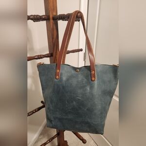 KMM & Co Atlantic Blue All Leather Tote Bag in Teal with Brown Handles